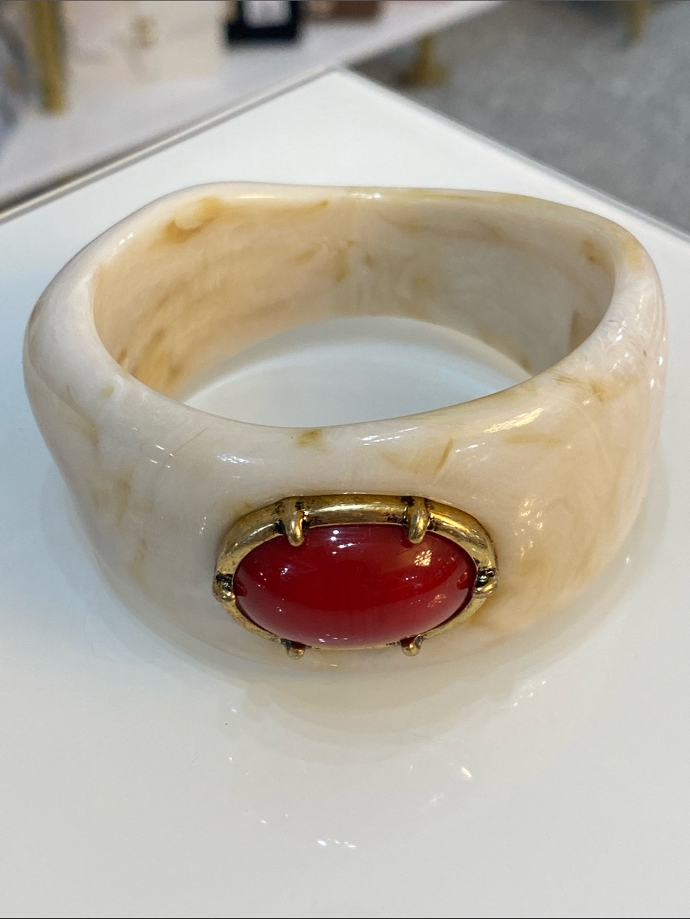 Ivory Resin Bangle with Red Cabochon Accent - Picture 2 of 7